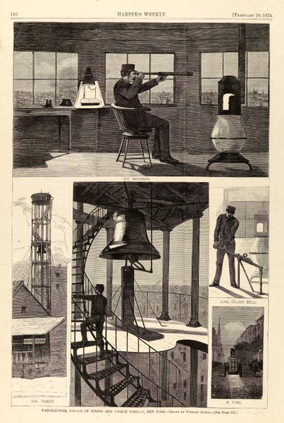 纽约春天街和瓦里克街拐角的瞭望塔，摘自《哈珀周刊》1874 年 2 月 28 日 作者 温斯洛·荷马