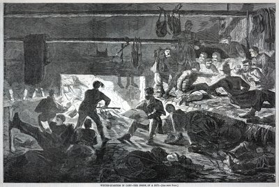 营地的冬令营--一间小屋的内部，摘自《哈珀周刊》1863 年 1 月 24 日 作者 温斯洛·荷马