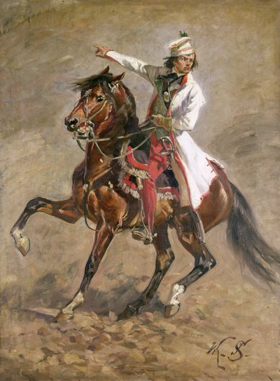 马背上的Tadeusz Kosciuszko将军（1746-1817），1893年的“拉克拉维采全景”素描（见127666） 作者 Wojciech Kossak