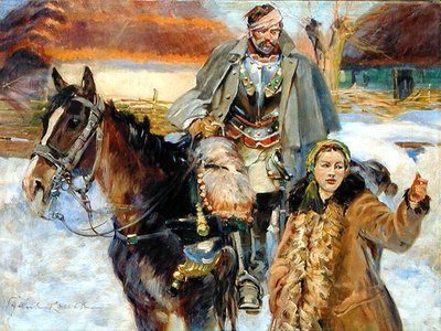 受伤的骑兵和一个女孩，约1930年（布面油画） 作者 Wojciech Kossak