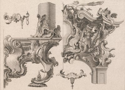 祭坛框架右下角和右上角的装饰建议...，约1750-56年印刷。 作者 沃尔夫冈·克里斯托夫·迈尔