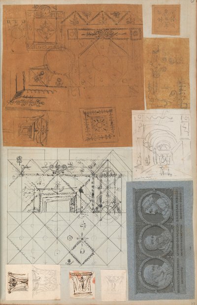 来自一个剪贴簿的页面，其中包含建筑的图画和一些印刷品，大约1800-1850年。创作者。Charles Percier工作室, Pierre François Léonard Fontaine工作室。 作者 Charles Percier 工作室，Pierre 工作室