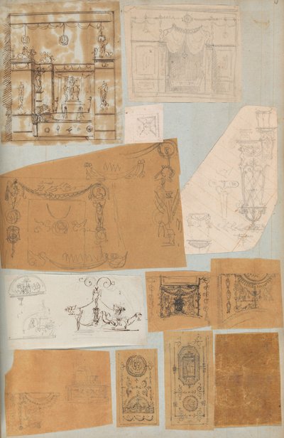 来自一个剪贴簿的页面，其中包含建筑的图画和一些印刷品，约1800-1850年。创作者：Charles Percier工作室, Pierre François Léonard Fontaine工作室。 作者 Charles Percier 工作室，Pierre 工作室