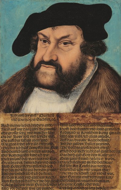 德语：Johann der Beständige, Kurfürst von Sachsen (1486-1532) 坚定的约翰。萨克森选侯（1486-1532 年） 作者 卢卡斯·克拉纳赫（Lucas Cranach）讲习班