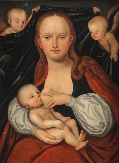 两个天使拉起的帷幕前的圣母和圣婴 作者 卢卡斯·克拉纳赫（Lucas Cranach）讲习班