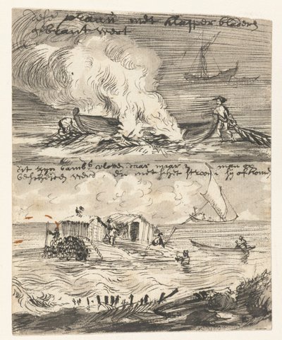 独木舟和两个竹筏的草图 印度制作的旅行素描（系列名称） 作者 Cornelis de Bruyn（拒绝归因）
