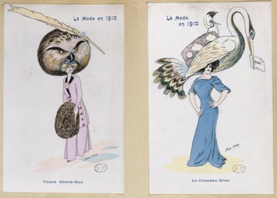 &39;鹰头鹰裘皮帽&39;和&39;鹤帽&39;，卡通时装板，1910年 作者 泽维尔·萨格（Xavier Sager）