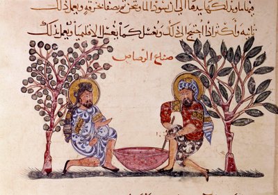 马卡马特》（Seances）铅页的制作，11世纪阿拉伯诗人Abu Mohammed al-Kasim ibn Ali Hariri（或Al-Hariri或Al Hariri）（1054-1122）的比喻诗，由Al-Wasiti（al-Wasiti）绘制。 作者 叶海亚·伊本·马哈茂德·瓦西蒂