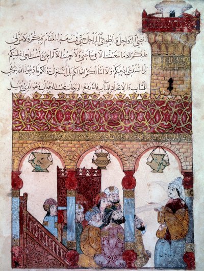 巴斯拉清真寺（Basra）中的流浪航海家阿布-扎伊德（Abu Zayd，Abu Zayd）微型画，出自阿布-穆罕默德-卡西姆-伊本-阿里-哈里里（或Al-Hariri或Al Hariri）（1054-1122）的 "Maqamat"（Seances），由叶海亚-马赫穆德-瓦斯德-伊提（al W 作者 叶海亚·伊本·马哈茂德·瓦西蒂