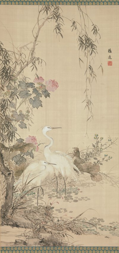 白鹭，牡丹和柳树，十九世纪初。 作者 山本白津