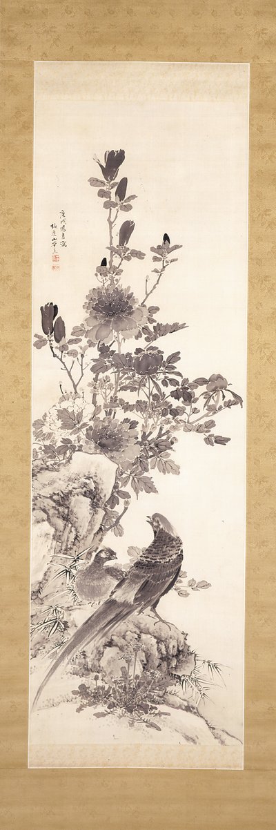 牡丹与金鸡（绢本水墨画） 作者 山本白津