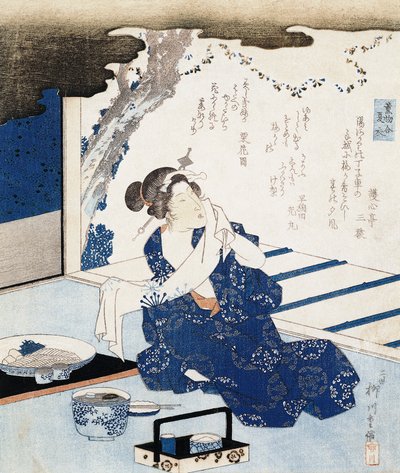 穿着浴衣（蓝白色棉质和服）的宫女，墙板上有诗句装饰 作者 柳川二重信