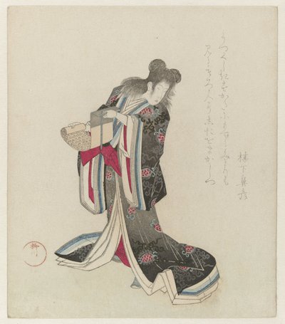 饰演 Kanzan 的 Courtisane
大阪新町 Nerimono 节期间的服装游行（系列标题） 作者 柳川重信（一）
