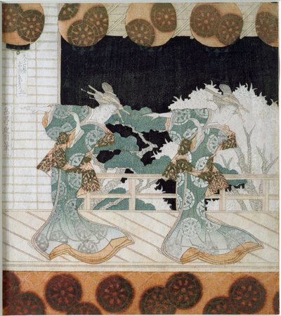 Dancers in traditional costume on a scene Japanese print “Surimono” by Yashima Gakutei (1786-1868) 1822 Private collection 作者 矢岛学亭