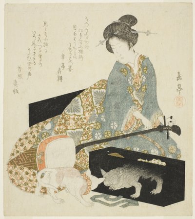 妇女与三味线和猫 作者 矢岛学亭
