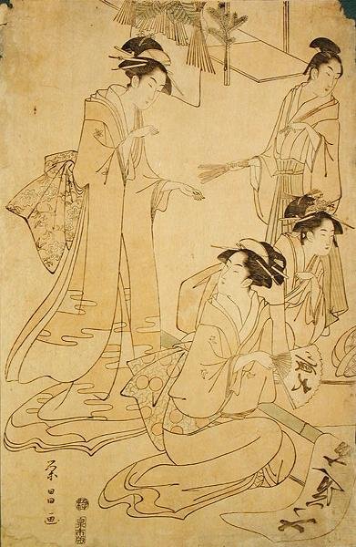三位女士和一位年轻人接待新年访客（木版画） 作者 艺书艺书
