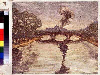 塞纳河上的小船(塞纳河上的小船）。Peinture de Yelisaveta (Elisabeth) Sergeyevna Kruglikova (Elizaveta Sergeevna Krouglikova) (1865-1941), estampe (monotype). 作者 叶利萨维塔·谢尔盖耶夫娜·克鲁格里科娃