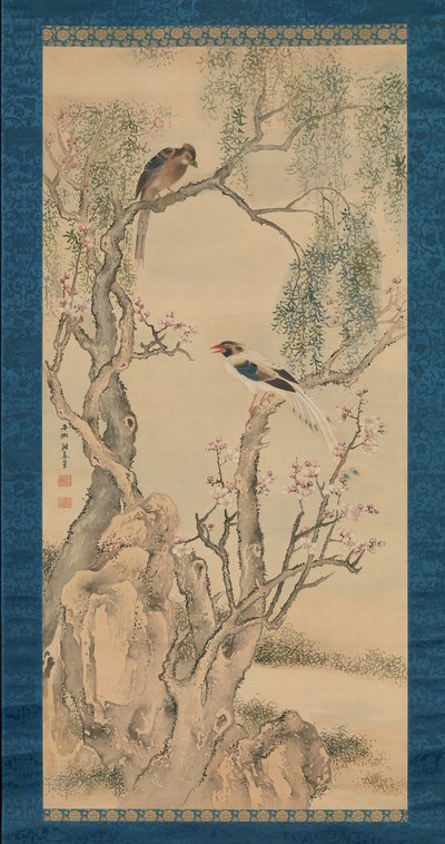 柳树上的鸟和开花的桃树。 作者 尤萨·布森（Yosa Buson）