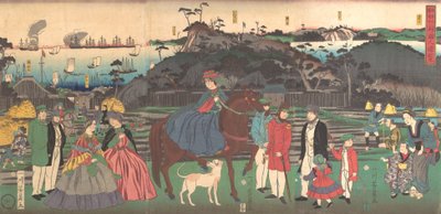 1861年2月，外国人参观神奈川宫园山的著名景点。 作者 吉和