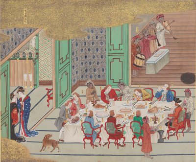 荷兰人的宴会，长崎的圣诞夜，来自Bankan-zu，1797年。 作者 石崎由士