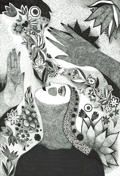 灵魂之花，2019（纸上水墨画）。 作者 萨宾娜·内德尔切娃·威廉姆斯 (Zanara)
