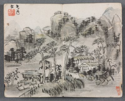带人物和数字景观的微型相册，两栋建筑，1822年。 作者 曾扬东