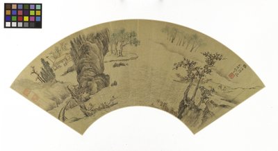 景观与人和驴被渡过河（墨水和黄金纸上的颜色） 作者 甄尧