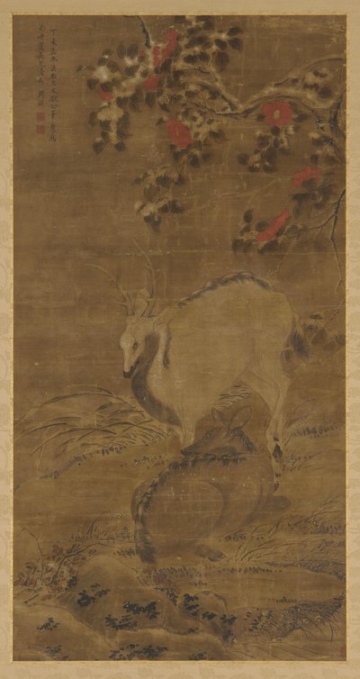 雄鹿、雌鹿和雪中的红色山茶花 作者 周元