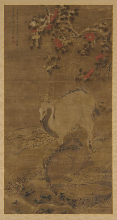 一头雄鹿，一只母鹿，以及雪中的红色茶花，1367年。 作者 周元