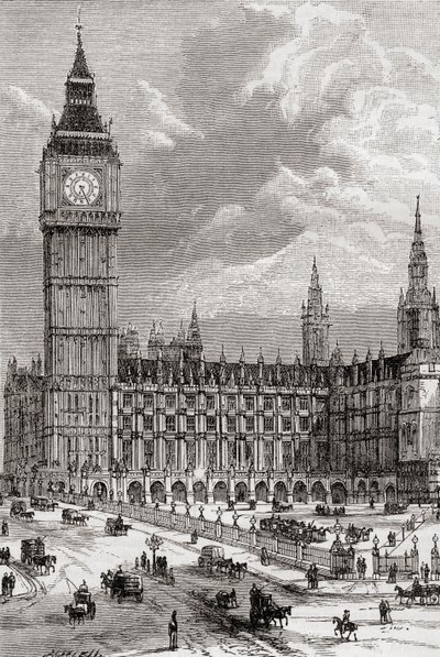 英国伦敦的大本钟和议会大厦，19世纪时在这里看到。 作者 . .