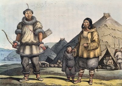 楚克奇家庭在小屋前，俄罗斯白令海峡，由路易斯-乔里斯（1795-1828）创作。 作者 丹尼尔·范登克伯恩