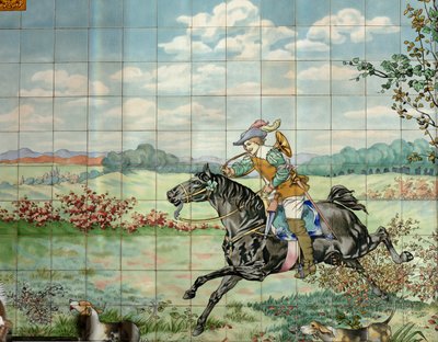 内景，瓷砖面板，画家Furcy Ernest Tondeur，执行者Boch Frères La Louvière，第二面板显示的是狩猎场景，骑手带着狩猎的号角飞奔。 作者 . .