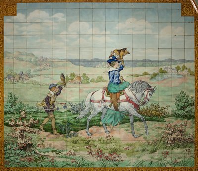 内景，瓷砖面板，画家Furcy Ernest Tondeur，执行者Boch Frères La Louvière，第二面板，一个贵族和一个贵族妇女带着猎鹰的狩猎场景 作者 . .