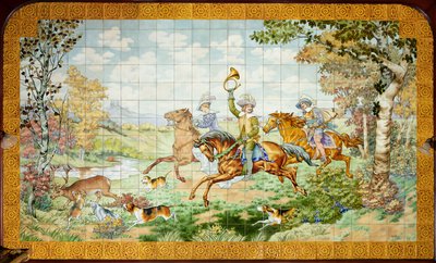 内景，瓷砖板，画家Furcy Ernest Tondeur，执行人Boch Frères La Louvière，第一幅，有三个骑士的狩猎场景 作者 . .