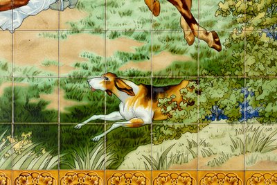内景，瓷砖板，画家Furcy Ernest Tondeur，执行者Boch Frères La Louvière，第一板，有三个骑士的狩猎场景，细节 作者 . .