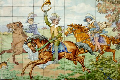 内景，瓷砖板，画家Furcy Ernest Tondeur，执行者Boch Frères La Louvière，第一板，有三个骑士的狩猎场景，细节 作者 . .