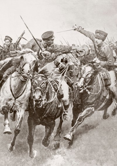 第一次世界大战期间，1914年8月，在东普鲁士的Korschen和Bartenstein之间，俄罗斯哥萨克和被称为Schwansfeld死亡轻骑兵的德国骑兵之间的骑战，来自La Esfera。 作者 费迪南德·乔治·沃尔德米勒