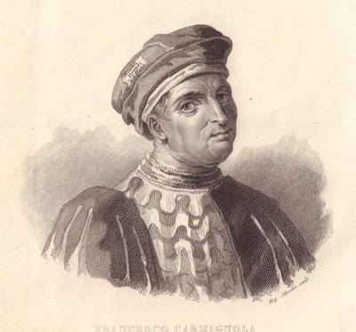 意大利军事领袖弗朗西斯科-达-布松（Francesco da Bussone）的肖像，又称卡马尼奥拉（Carmagnola）（1380-1432），E-西尔维斯特里的铜版画。 作者 William Walcutt