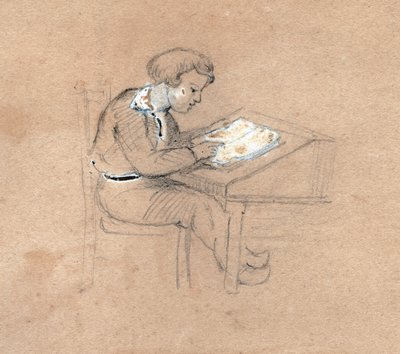 在书桌上工作的小学生。约1830年（插图）。 作者 . .