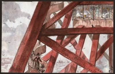 游客在巴黎埃菲尔铁塔的台阶上。厨师在一楼的餐厅里烹饪。1889年（插图） 作者 . .
