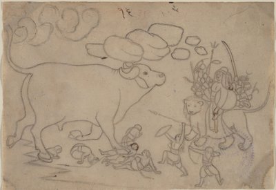 杜尔加与水牛魔王马希沙的对峙：Devi Mahatmya的场景，约1780年。 作者 Nainsukh之后的第一代大师