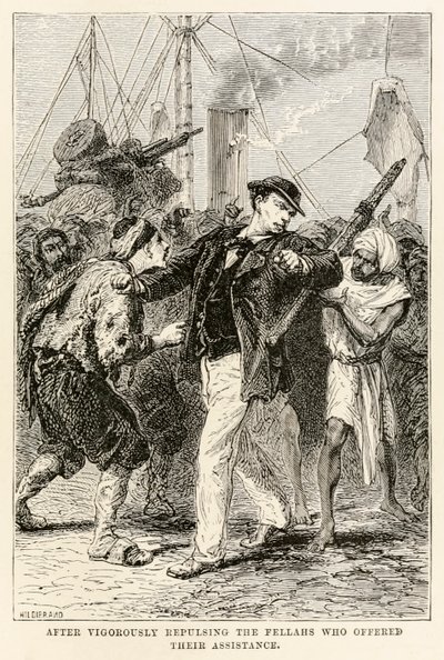 经过Jules Verne（1828-1905）的八十天环游世界，大力排斥提供援助的客户，1873年由Henri-ThéophileHildebrand（1824-1897）雕刻（雕刻） 作者 在Alphonse Marie de Neuville之后