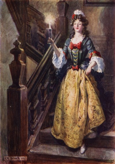 女主人贝娅特丽克丝在瓦尔科特楼绊倒楼梯迎接埃斯蒙德 作者 在Charles Edmund Brock之后