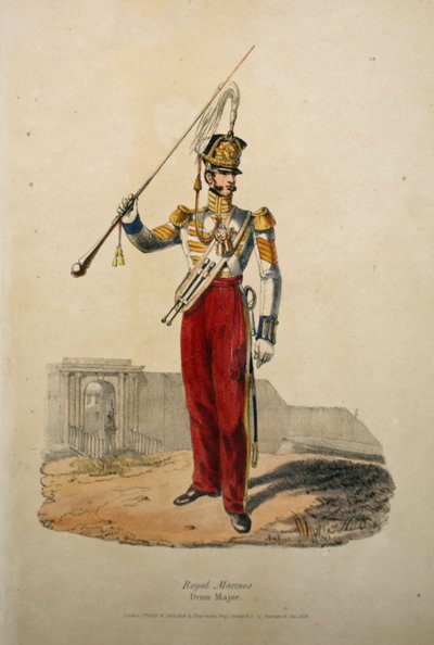 Royal Marines Drum Major，c.1829（手工彩色光刻） 作者 after Edward Hull