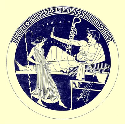 跳舞的女孩和盛宴青年，来自JE Harrison和DS MacColl的希腊花瓶画的插图，1894年出版（数字增强图像） 作者 放学后