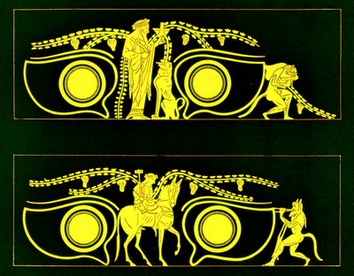 Dionysos，Hephaistos和satyrs，来自JE Harrison和DS MacColl的希腊花瓶画的插图，1894年出版（数字增强图像） 作者 放学后