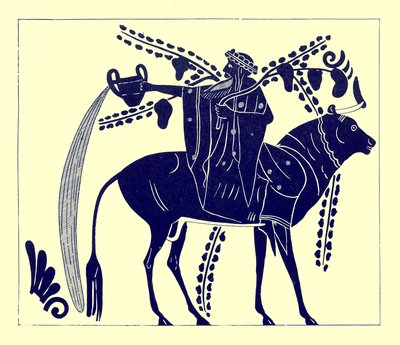 骑牛的Dionysus，JE Harrison和DS MacColl的希腊花瓶画插图，1894年出版（数字增强图像） 作者 放学后