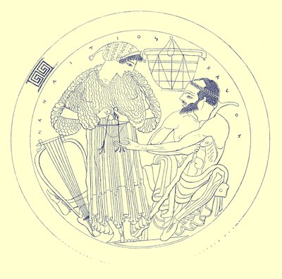 Euphronios的Cylix内部，JE Harrison和DS MacColl的希腊花瓶绘画插图，1894年出版（数字增强图像） 作者 放学后