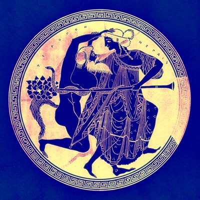 Satyr和Maenad，JE Harrison和DS MacColl的希腊花瓶绘画插图，1894年出版（数字增强图像） 作者 放学后
