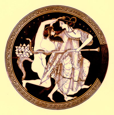 Satyr和Maenad，JE Harrison和DS MacColl的希腊花瓶绘画插图，1894年出版（数字增强图像） 作者 放学后